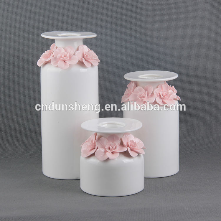 Wholesale rustic design white ceramic hotel bottle vase with pink flower,set of 3