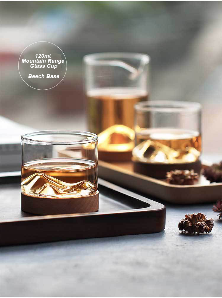 Creative 120ml Functional Small Glass Drinking Cup With Black Walnut Beech Wooden Tray For Beverage