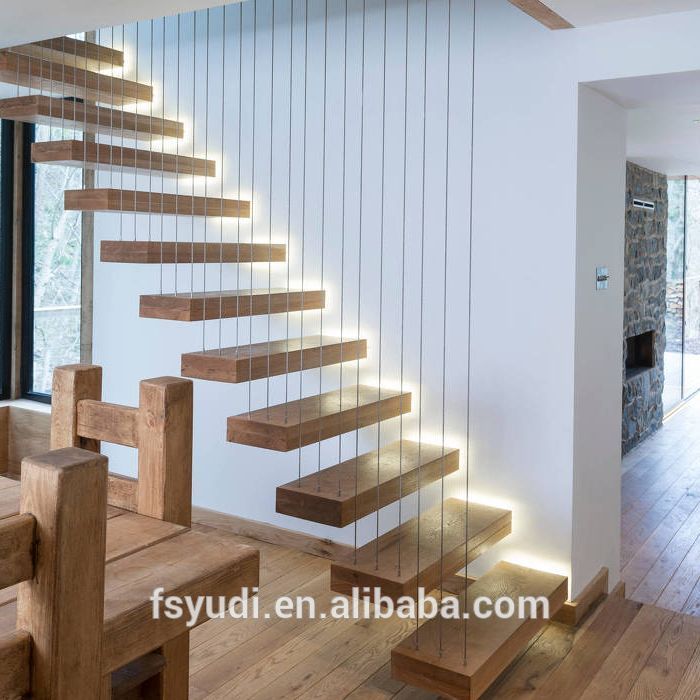 modern wooden tread floating staircase design