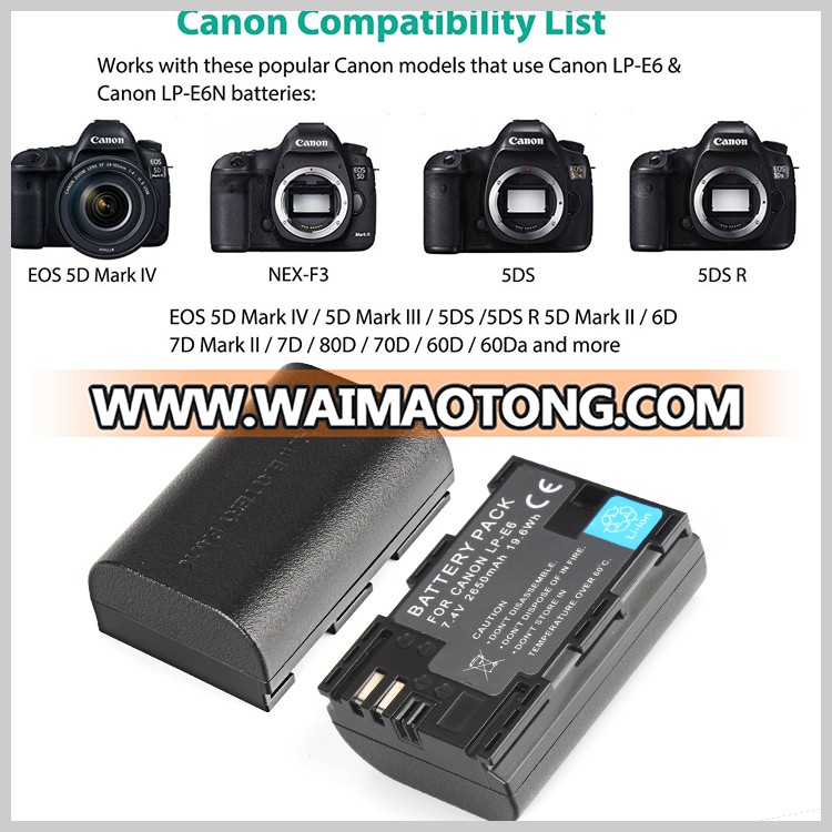 2650mAh Shenzhen Lithium camera Battery Kit  LP-E6 LPE6 LP E6 LP-E6N for Canon eos 5d mark iii IV II 6D 7D 60D 70D