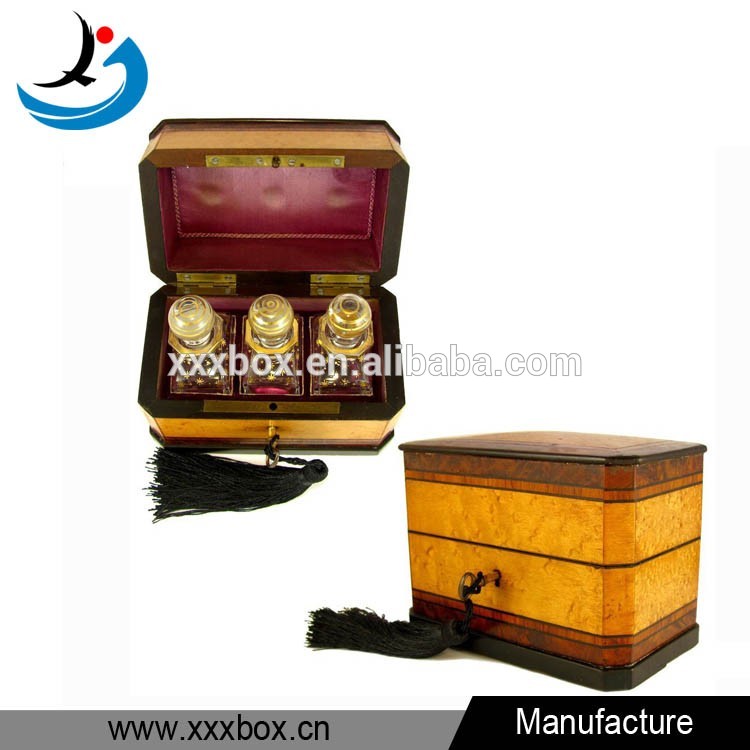 Antique wood 3 holders luxury perfume box with lock wholesale