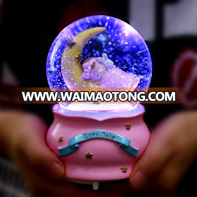 Creative cute crystal ball moon boy girl send children gift snow with light music box