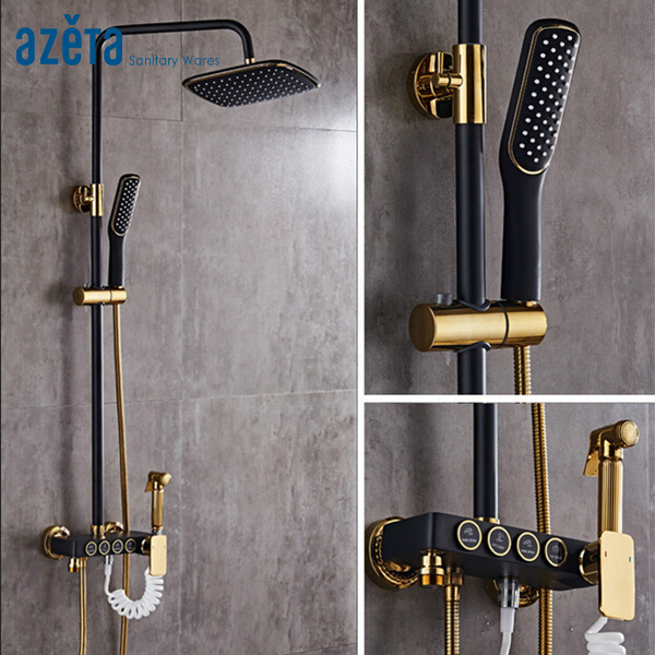 Luxury Wall Mounted Head Rain Column Bath Faucet With Shattaf Bidet Spray Bathroom Black Gold Shower Set