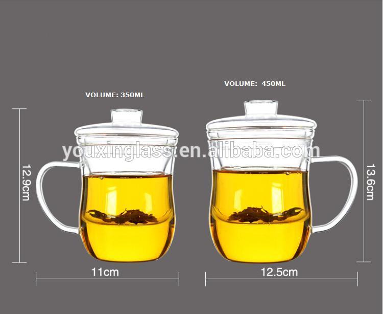 Heat resistant 350ml office-mate clear glass tea cups with filter