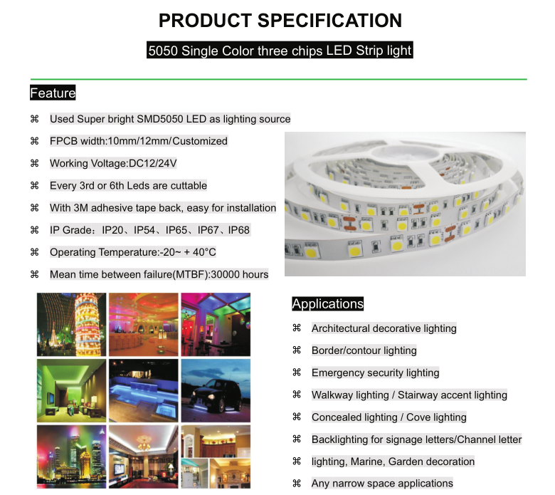 5050 Single Color three chips LED Strip light