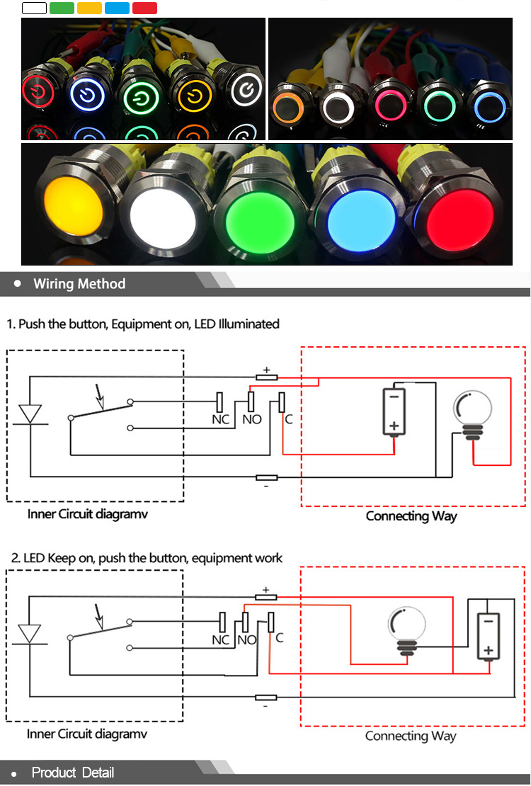 Filn PBS-11A PBS-11B red green 12mm plastic ON OFF latching  off-(on) Momentary push button switch 2pin 1A 250V