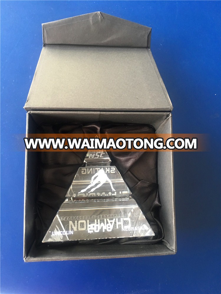 pyramid shape crystal glass skates trophy award