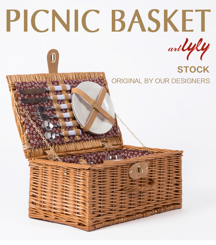 Handmade craft supply small rectangular rattan basket outdoor weaving travel food wicker willow picnic storage square box for 2