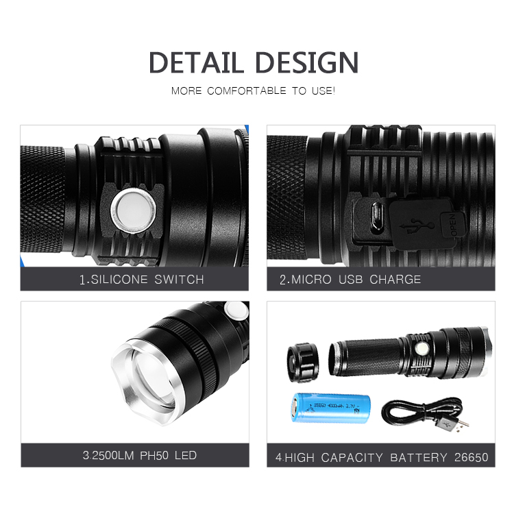 high power solar waterproof hunting flashlight 26650 battery charging heavy duty flashlight for camping