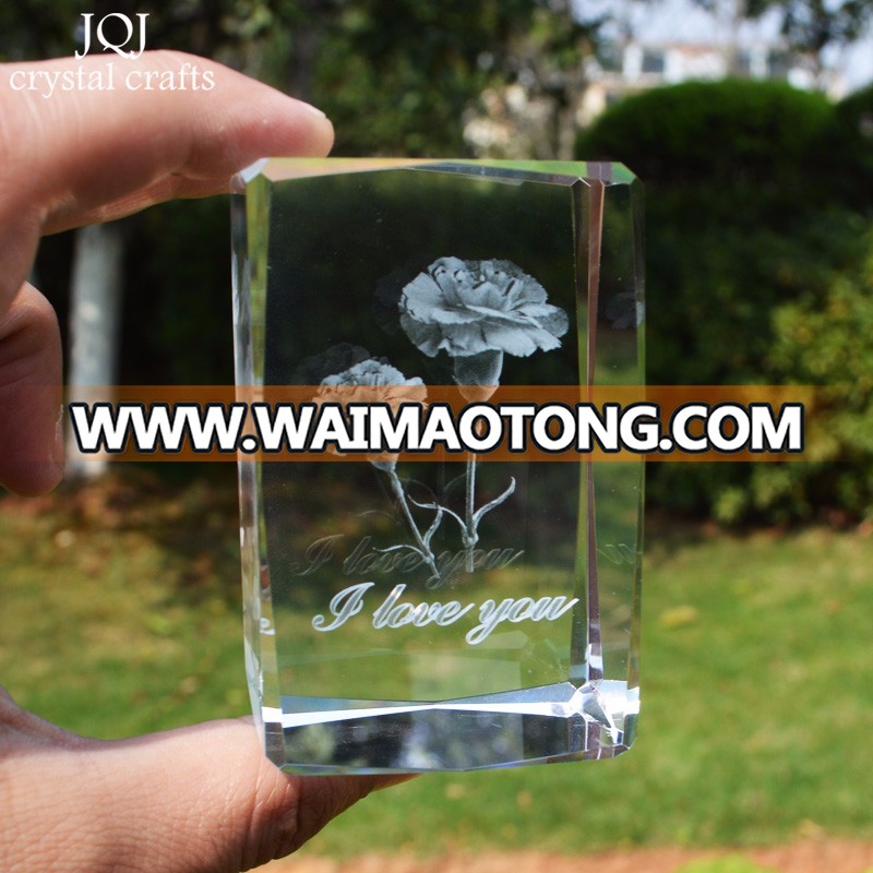 3D laser etched glass block crystal custom Carnation design birthday present ,souvenir,