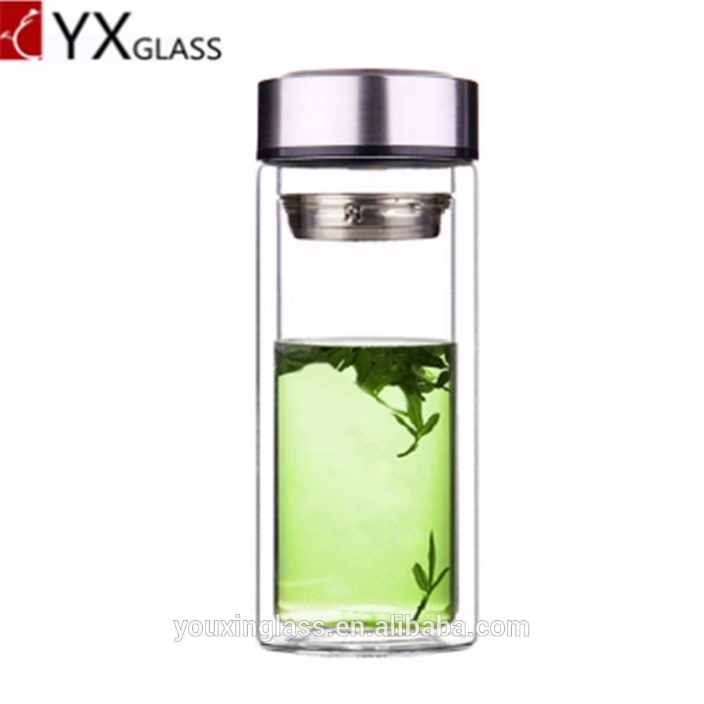 heat resistant double wall bottle glass tea infuser with stainless steel