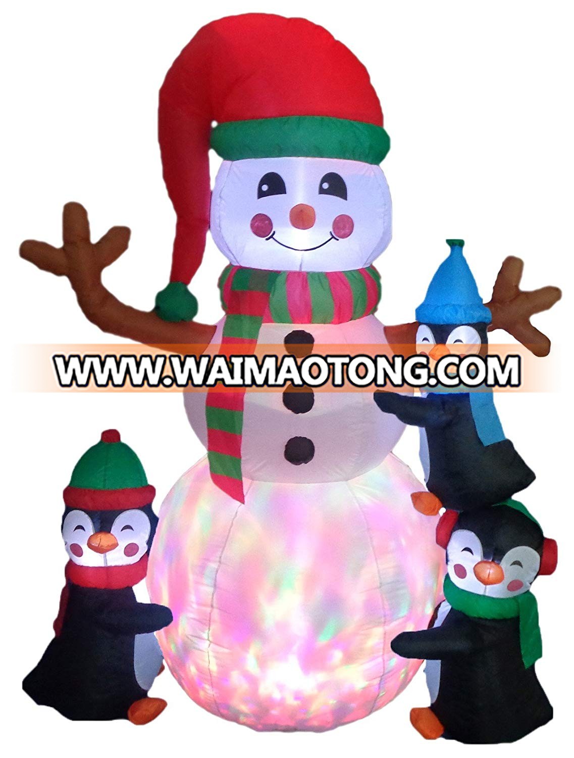 6 Foot Tall Color Lighted Christmas Inflatable Three Cute Penguins and Snowman