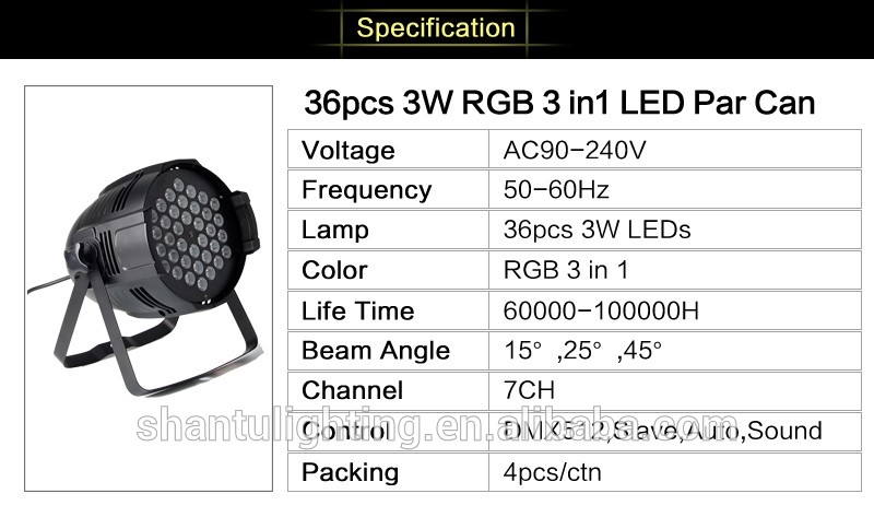 Baisun brand wholesale 36pcs 3W Each RGB LED Par Light DMX512 Indoor Stage Lighting