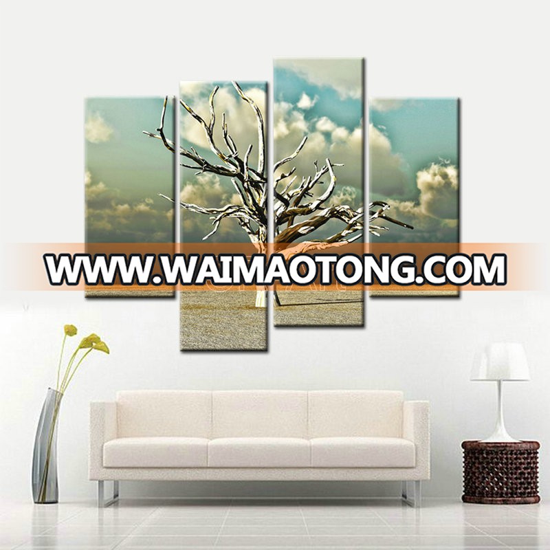 Wall Paintings Still life 4pcs Landscape living room Decoration Dead trees Mint Green Sky Canvas printed Painting Art