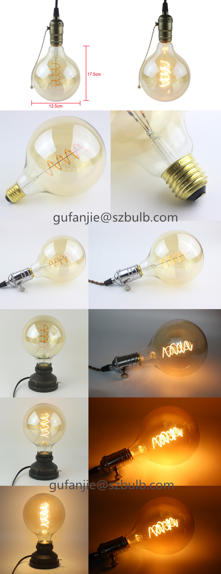 Dimmable Edison Filament LED Bulb E27 220V G125 Spiral Light Amber Retro Saving Bulb Vintage Lamp Chandelier LED Light