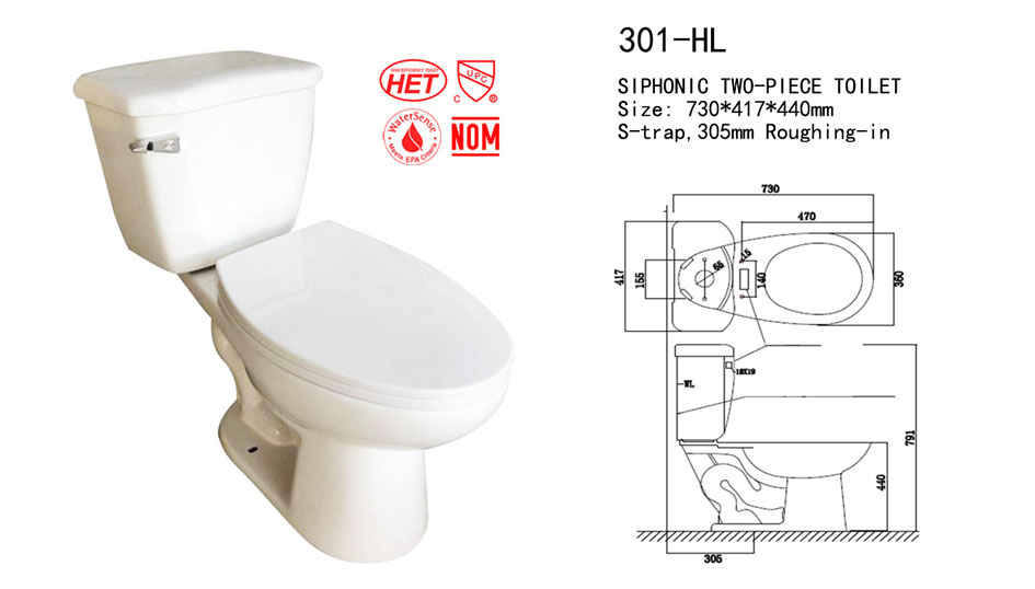 Ceramic Elongated two piece toilet, cUPC toilet # 301-HL