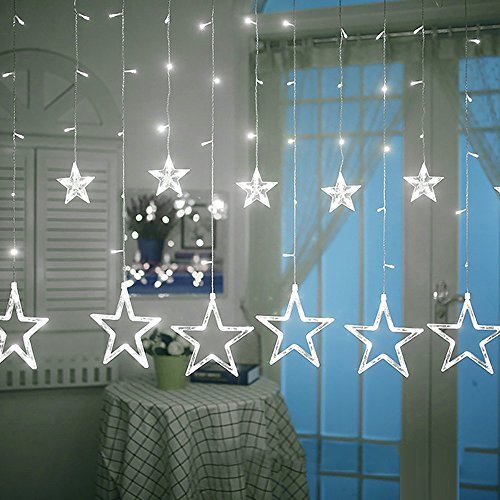 Led String Lights, Star Curtain Lights,110V 3M(W)x2M(H) Cold White Decor 12 Stars 138 LEDs Window Icicle DIY Lighting