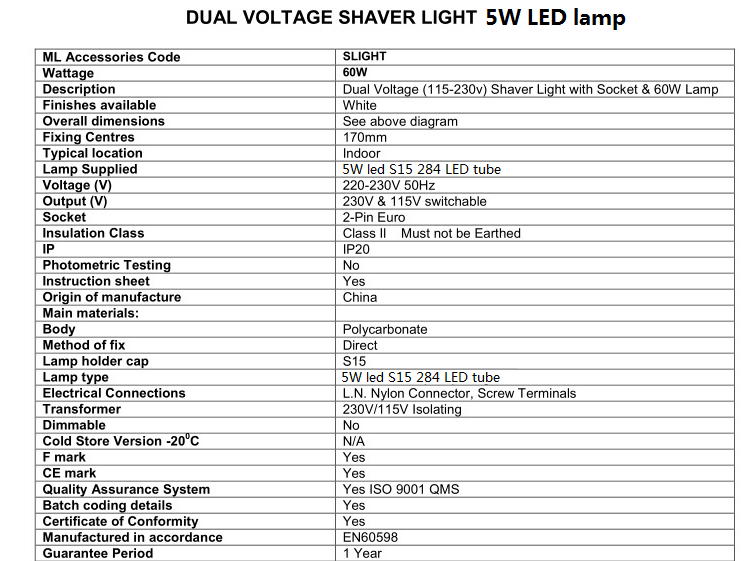 Dual voltage shaver light, S15 284mm pull switch LED shaver lights