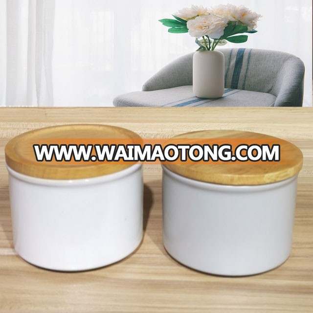 wholesale custom grey white ceramic candle jar with bamboo lid 9.5 X7.1