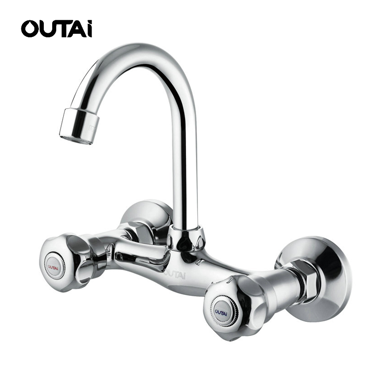 New style hot and cold water wall mount dual handle brass material kitchen mixer faucets