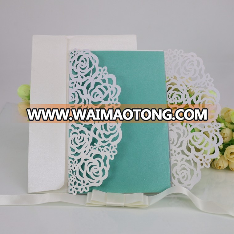 India Luxury floral gate laser cut wedding invitation card with ribbon