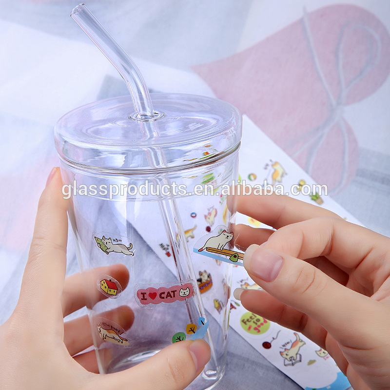 Borosilicate Glass Cup with Glass Lid& Glass Drinking Straw