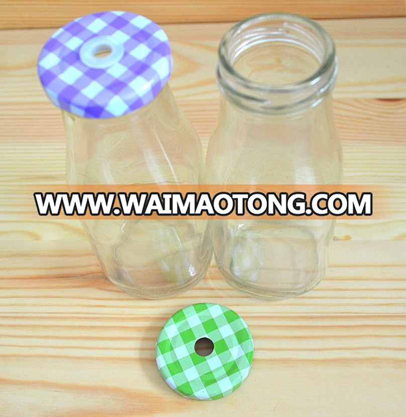 Hot sale square milk glass bottle juice glass bottle with straw