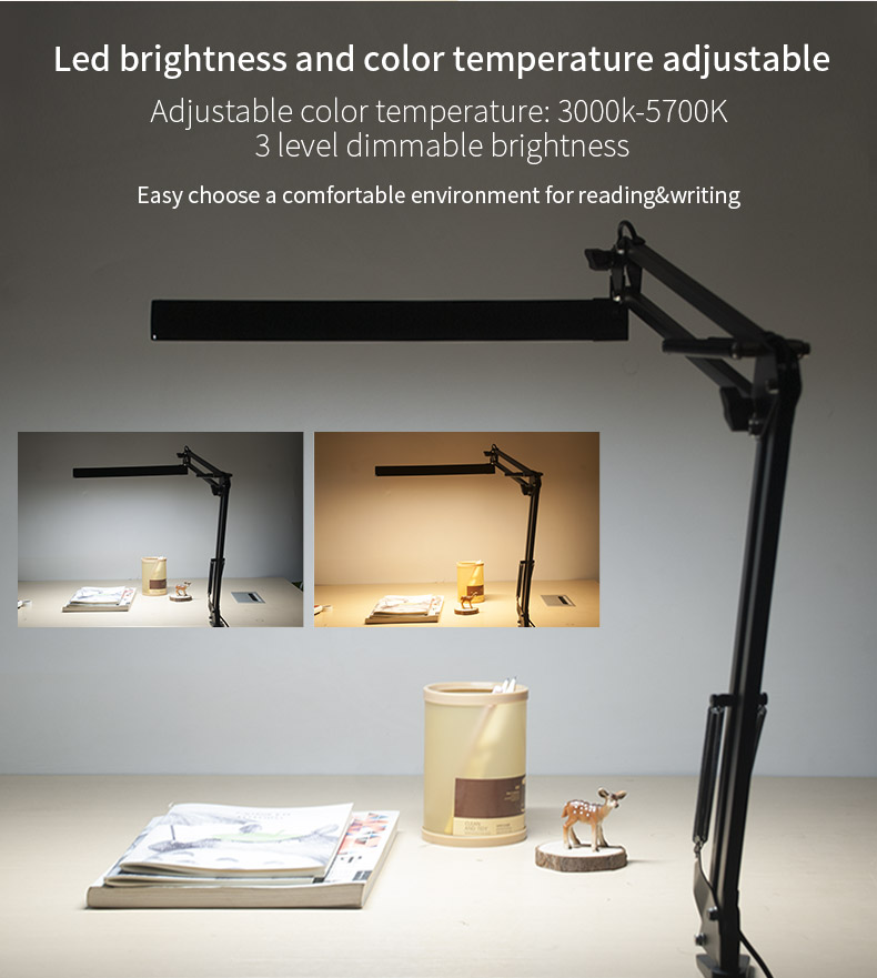 Touch Control Mental Swing Arm Dimmable Dual Color Temperature Task Table Lamp with Clamp Working Light