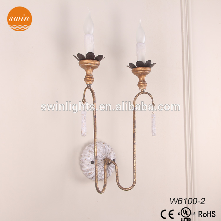 American style antique gold iron wall light with wood base wall sconce W6100-2