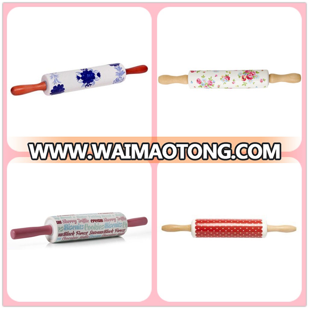 China Manufacturer Custom Logo Printed Ceramic Rolling Pin with wood handle