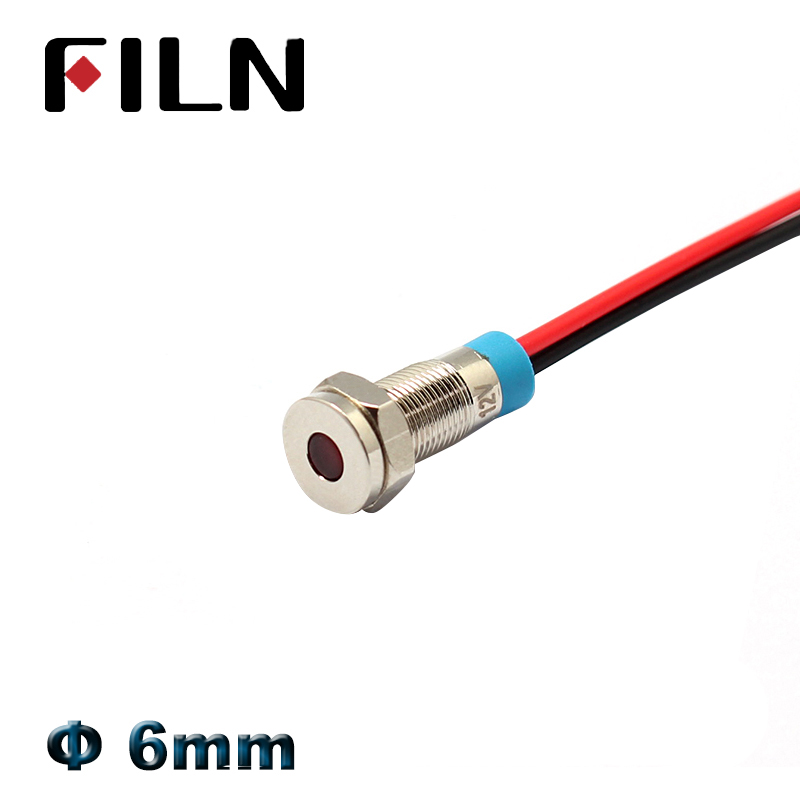 FILN 6mm 220v 12v 24v red yellow blue green lamp indicator signal light metal pilot lamp with cable 20cm