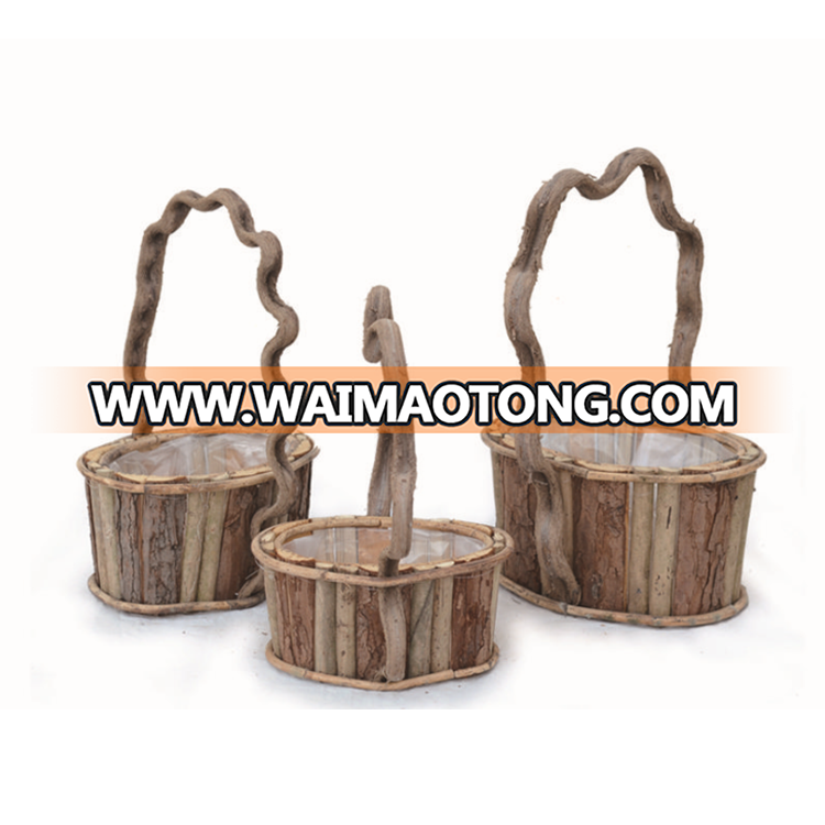 Wooden Bark Flower Planter with Rattan Handle In Three Sizes