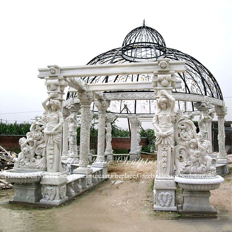 White Marble Round Outdoor Gazebo With Metal Roof