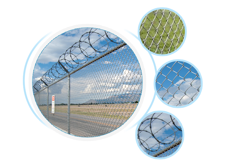 High security chain link airport fence with razor barbed wire