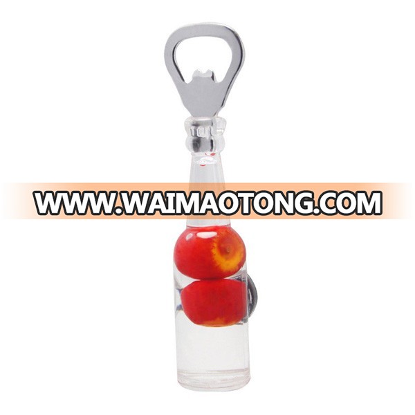 Acrylic Plastic Bottle Shape With Magnet Liquid Oil Two Red Apple Inside Fridge Magnet Beer Bottle Opener