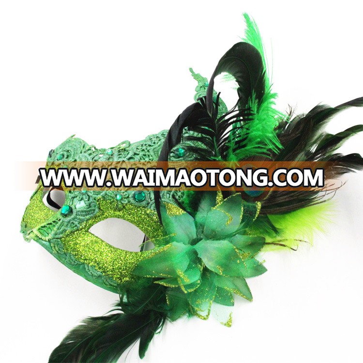 PoeticExst women's half-face multiple colour lace diamond venetian masquerade masks side flower and feather mask