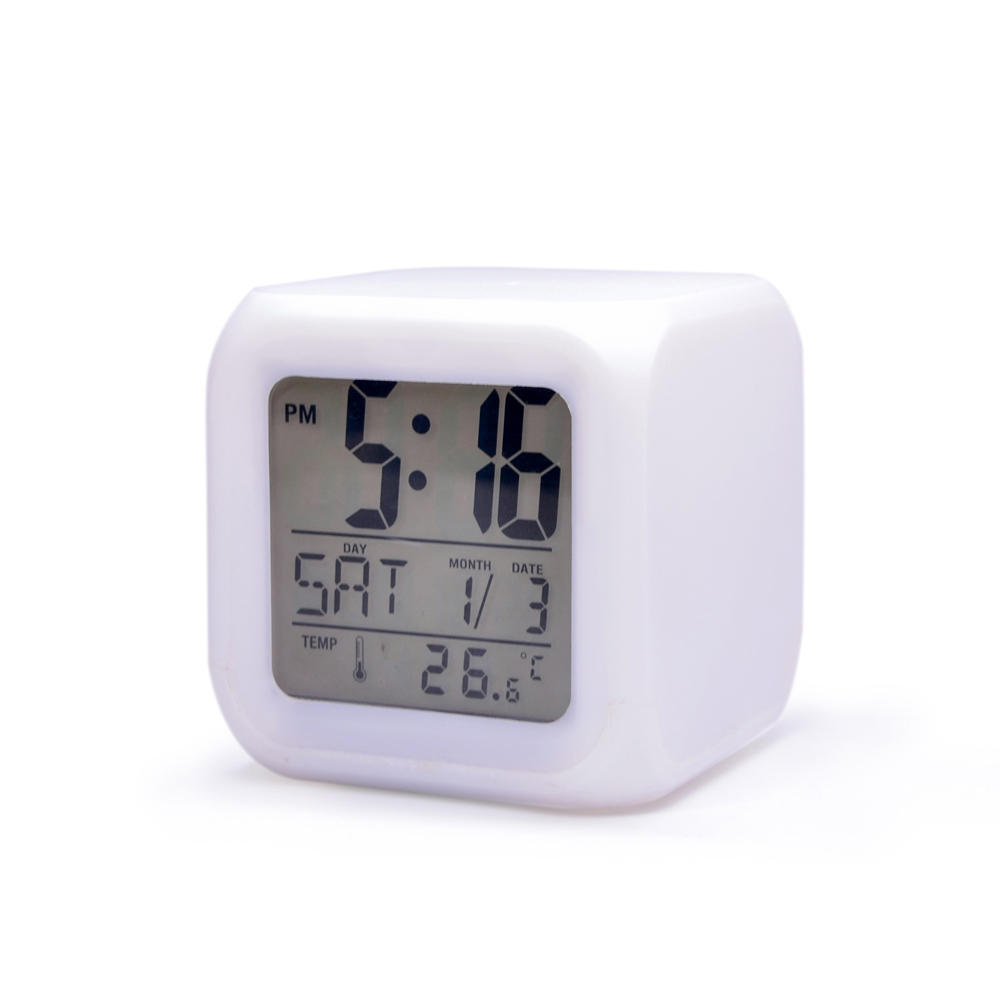 Promotion Gifts HIP 3AAA Battery 7 LED Change Colors Nightlight Time Data Week Thermometer Square LCD Digital Snooze Alarm Clock