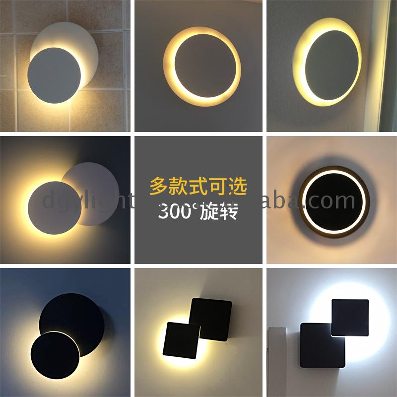 Rotatable round moon square black white acrylic metal wood color one two circle light led bedside wall lamps