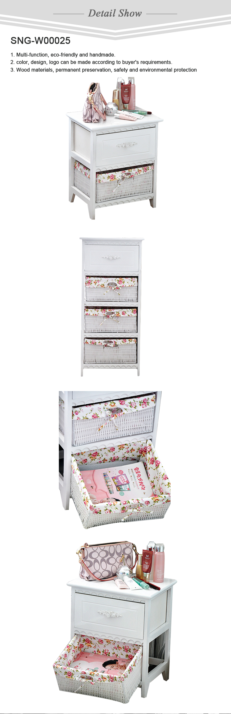 With lace white Wicker storage cabinet with 3 drawers/Wooden drawers storage cabinets/ Wicker furniture