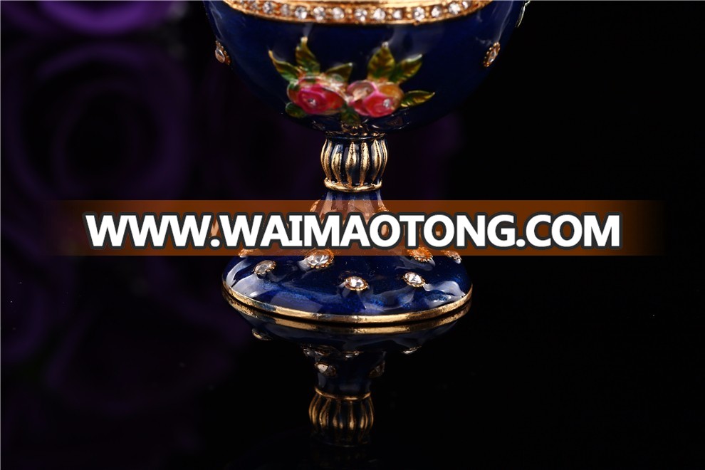 Elegant blue flower faberge egg metal trinket box enamel craft gift item decoration QF3399