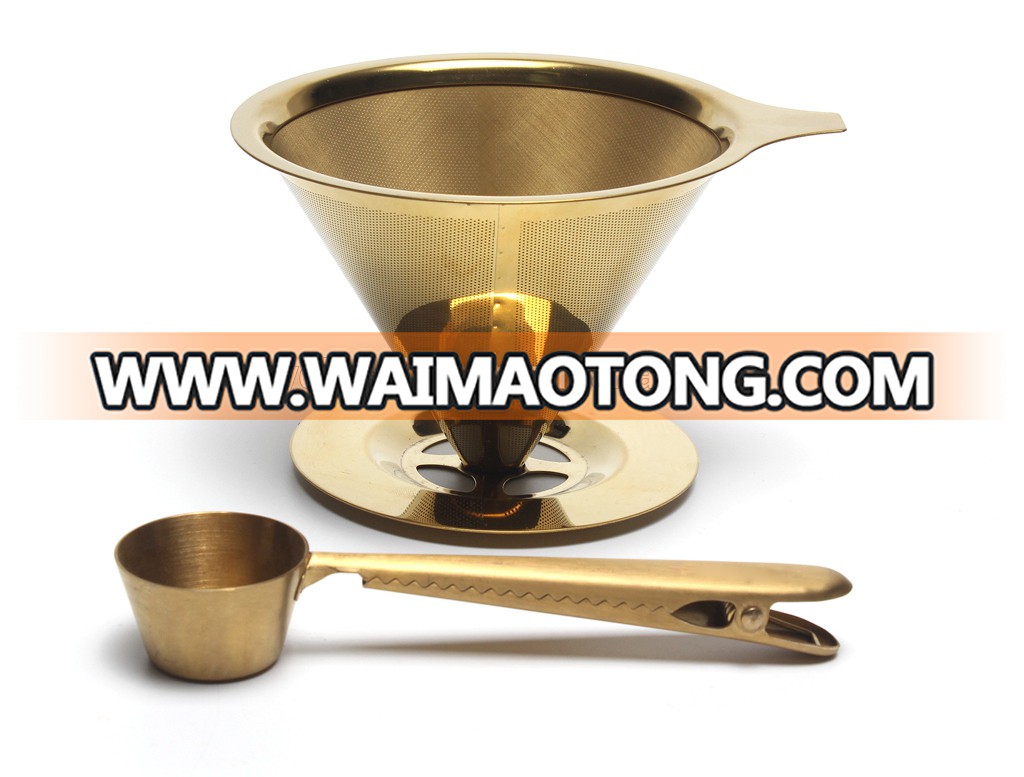 Titanium Coated Stainless Steel Pour Over Coffee Dripper Reusable Cone Shaped Filter Double Mesh Pour-Over Coffee Maker