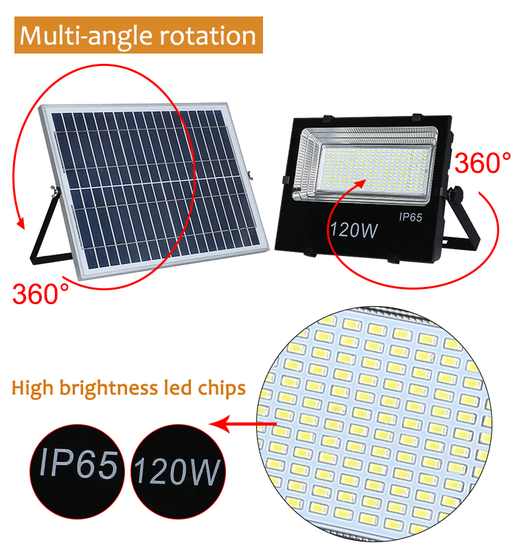 High lumen ip65 remote control outdoor smd 120w led solar flood light