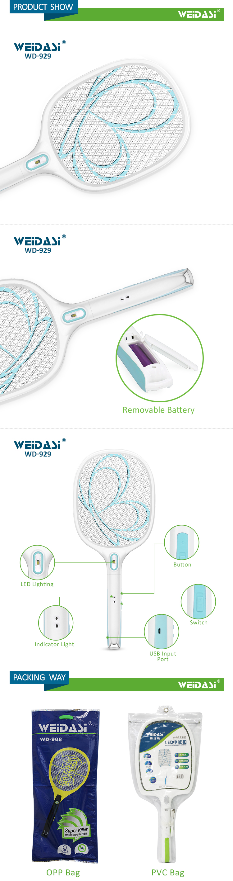 weidasi rechargeable fly killer swatter racket electric mosquito bat