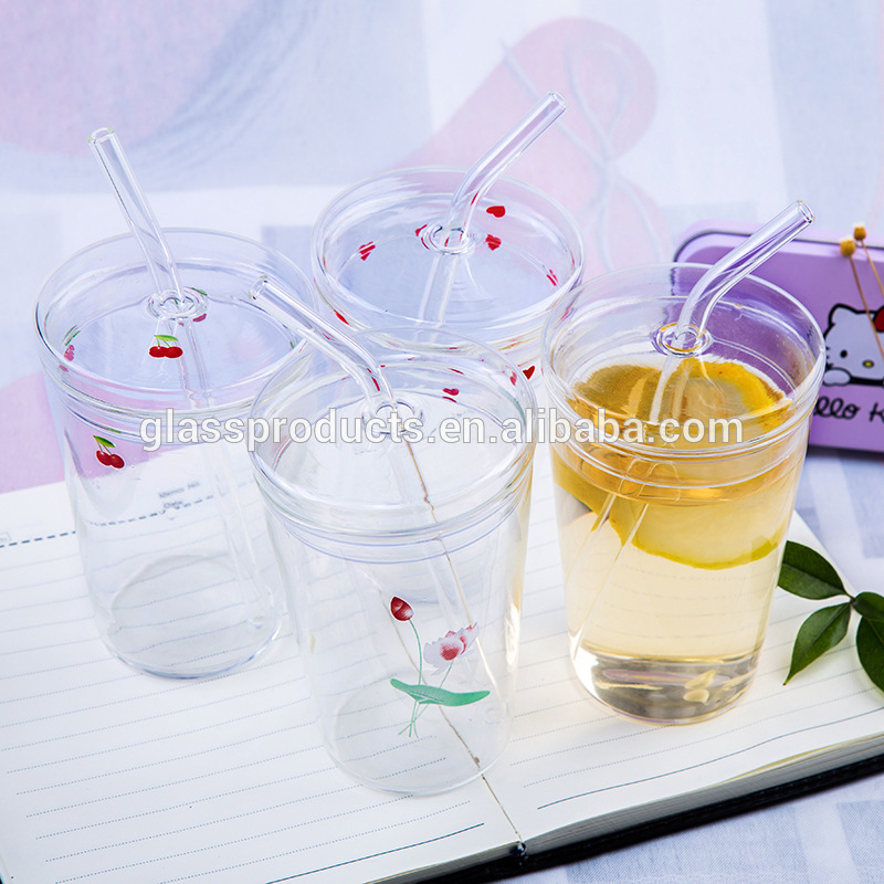 Borosilicate Glass Cup with Glass Lid& Glass Drinking Straw