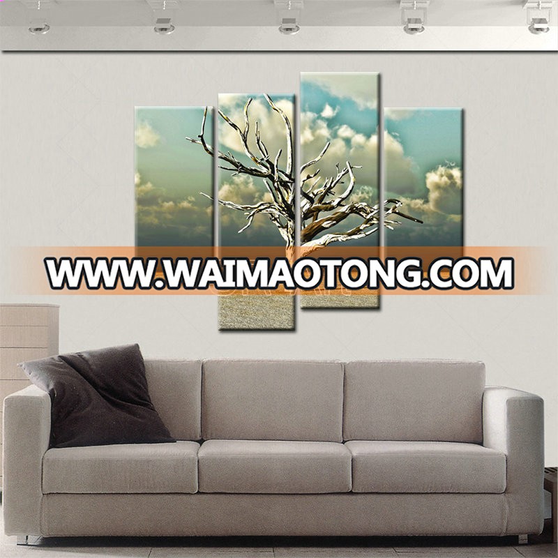 Wall Paintings Still life 4pcs Landscape living room Decoration Dead trees Mint Green Sky Canvas printed Painting Art