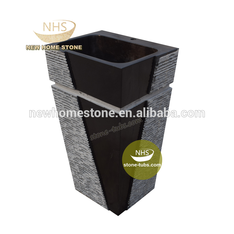 Customize Half Ribbed High Polished Surface Pedestal Natural Black Stone Sink