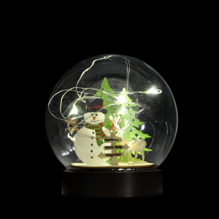 DIY LED light Mouth Blowing Christmas Decoration Glass globe ball with wooden figure snowman and tree inside