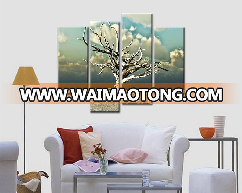 Wall Paintings Still life 4pcs Landscape living room Decoration Dead trees Mint Green Sky Canvas printed Painting Art