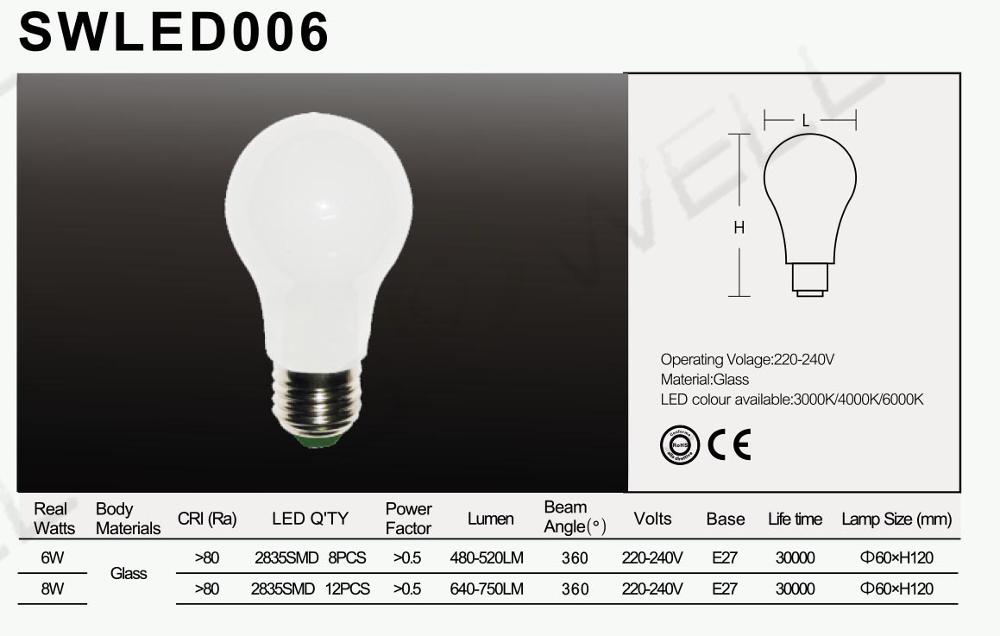 Home Light Dimmable A60 LED light Bulbs 8W