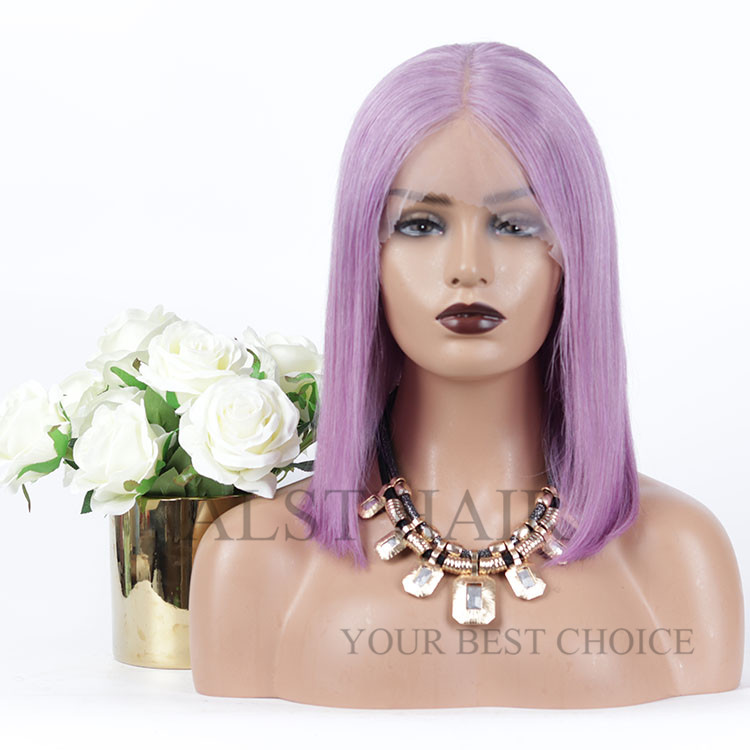 Hot selling middle part  12inch short bob wigs human hair lavender purple colorful cut bob full lace wig